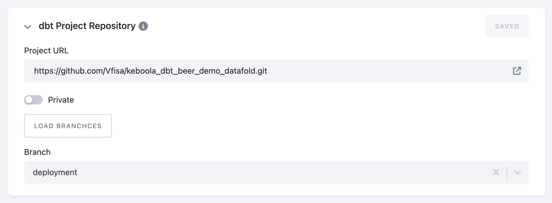 TODO(human-review: alt unverified) The dbt Project Repository section with fields for the GIT URL and access credentials