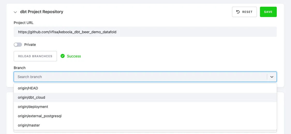 TODO(human-review: alt unverified) The Load Branches control for selecting a repository branch