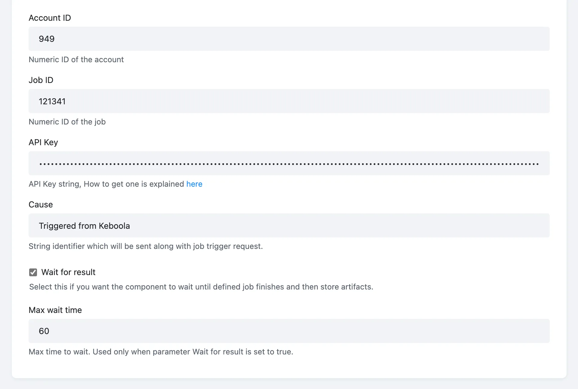 TODO(human-review: alt unverified) The dbt Cloud Trigger component configuration with Account ID, Job ID, and API key fields