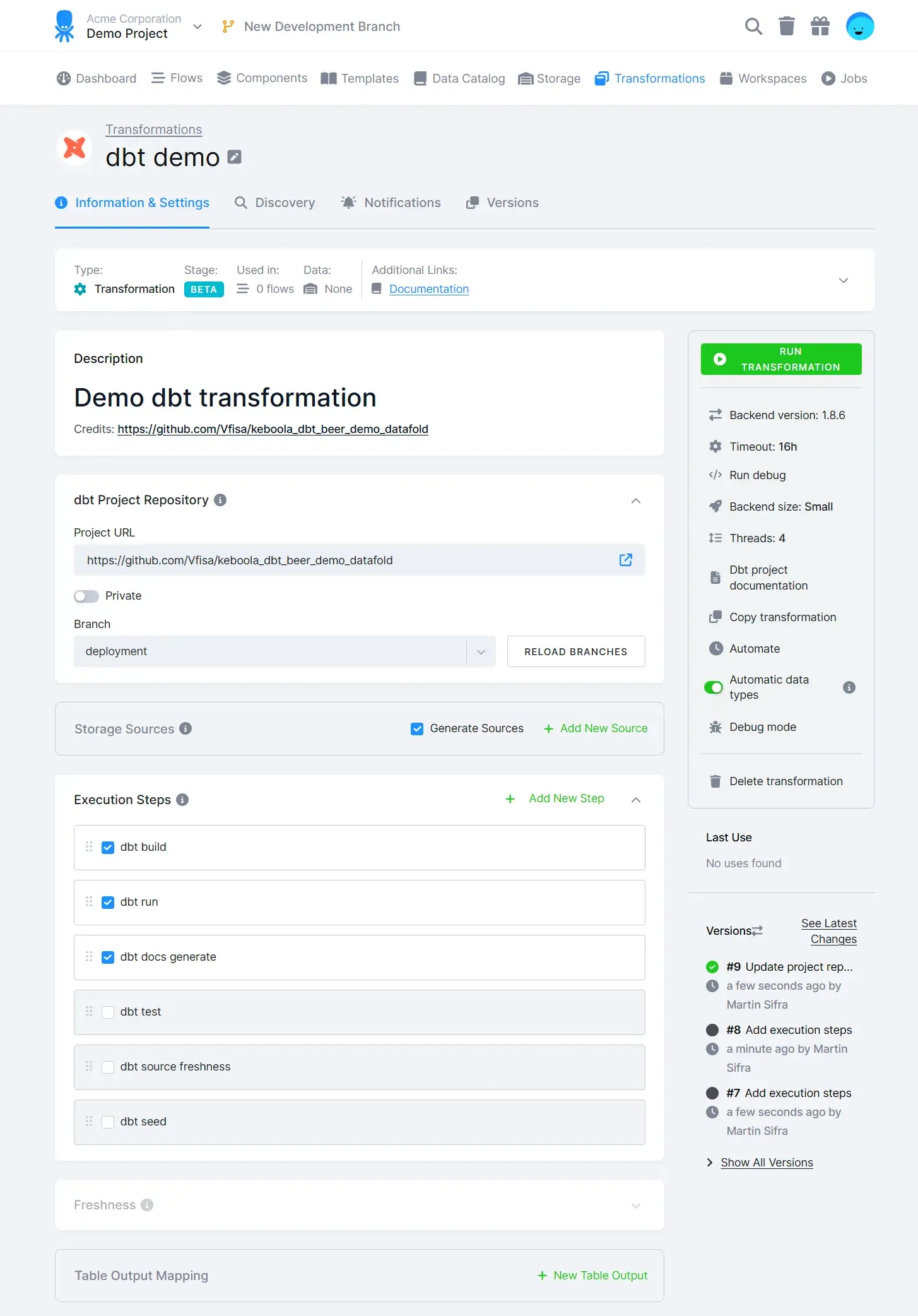 TODO(human-review: alt unverified) Overview of the dbt transformation configuration screen
